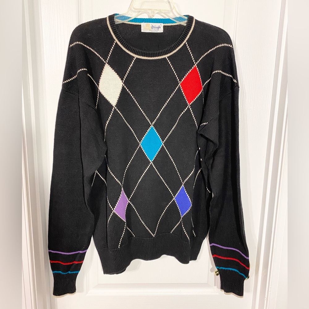 Y2K Pringle of Scotland Argyle Sweater Black Cotton Vintage Men’s Large